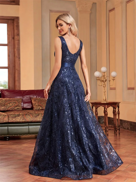 Deep V-Neck Sequins Blue Evening Dress Women Elegant V-back Wedding Dress