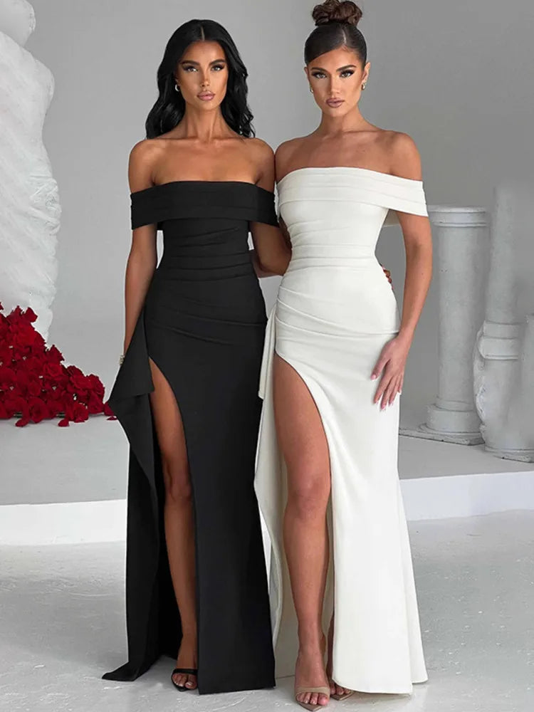 Formal attire Dresses: Mozision Off-shoulder Ruffle Thigh High Split Maxi Dress