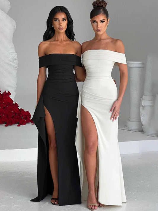 Formal attire Dresses: Mozision Off-shoulder Ruffle Thigh High Split Maxi Dress