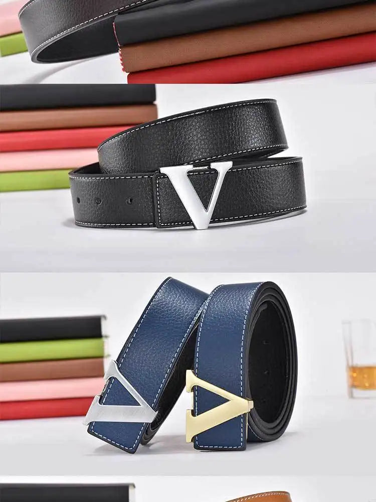 Men's high-end belt with smooth buckle; Korean style fashion trend letter V belt; men's belt