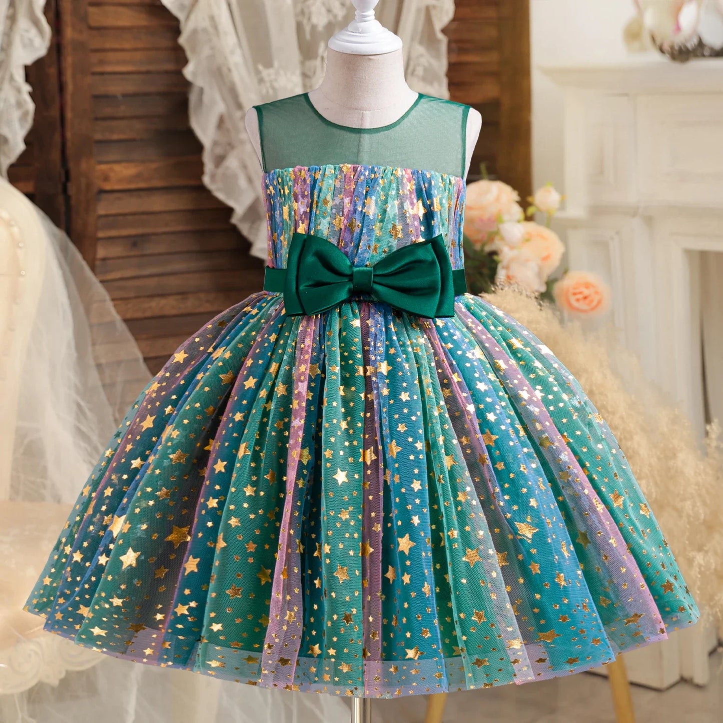 Girls Christmas Dress Princess Rainbow Sequin Wedding Birthday Party Gown