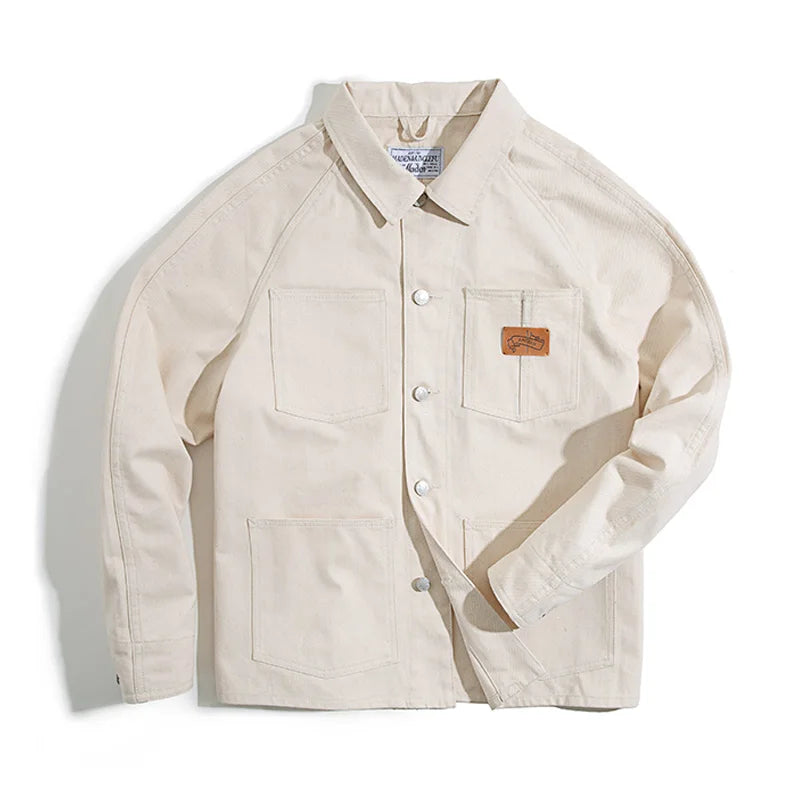 Workwear French Vintage Square Neck White Denim Jacket Large Pocket Raglan Men's