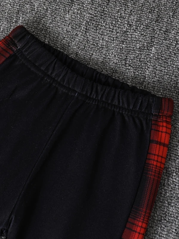 Spring Autumn Plaid Print Baby Boy Long Sleeve Hooded Fleece Lined Shirt Color Block Pants Two-Piece Casual Outfit for Toddlers