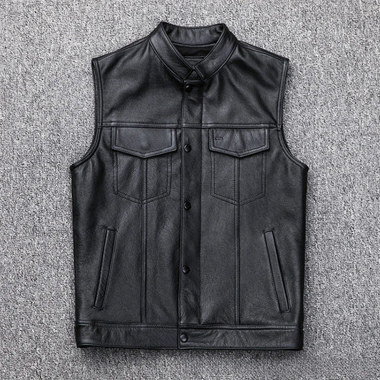 Men's Leather Vest Zipper Button Casual Motorcycle Vest Men's Punk Rock