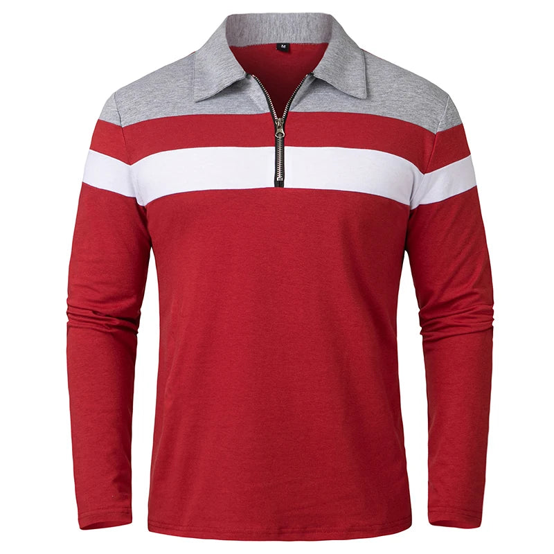 Men's Long Sleeve Striped Polo Shirts 1/4 Zip Cotton Patchwork Collared Shirt Casual Fashion Pullover Slim Fit Golf Shirt