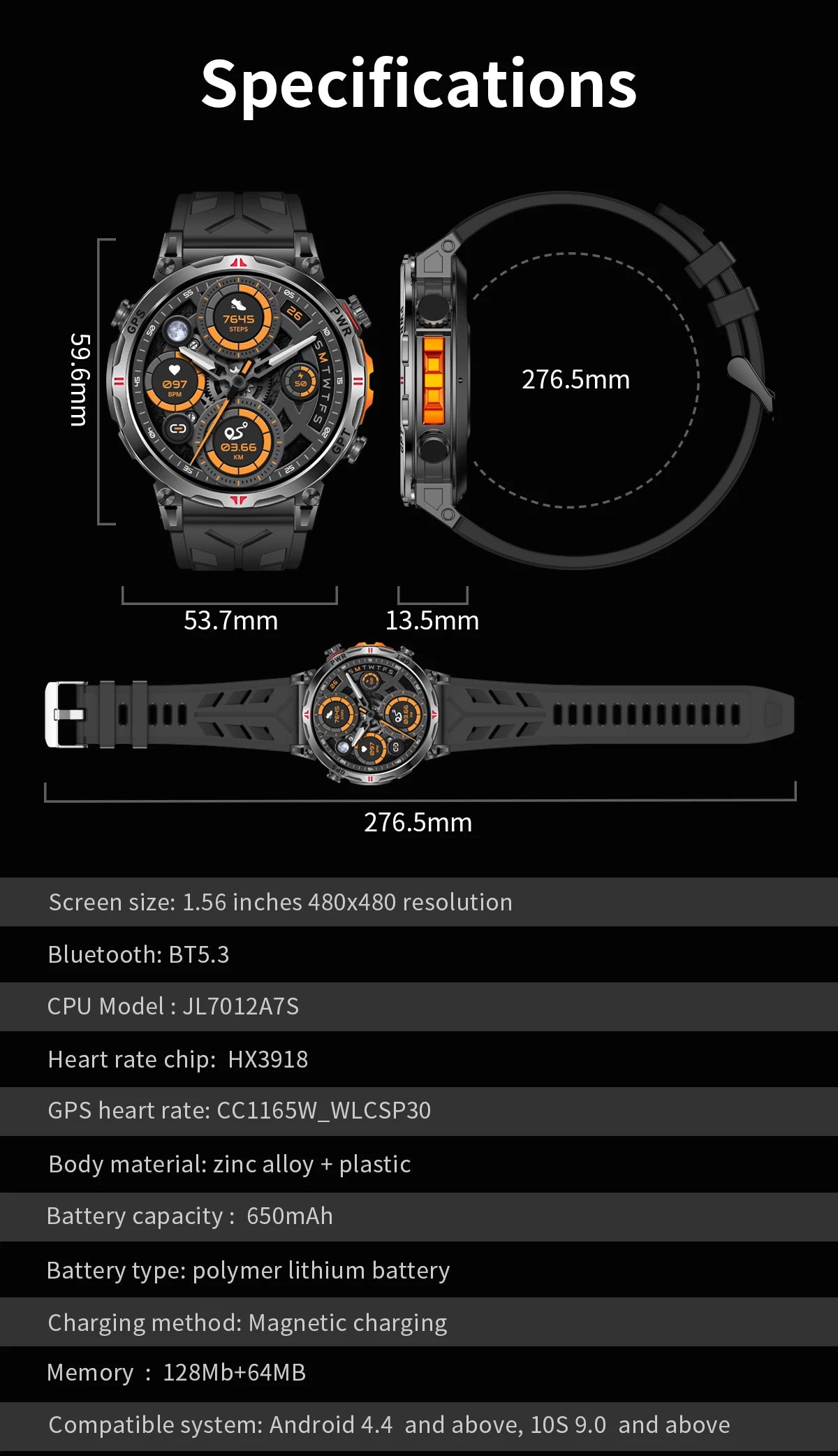 2025New Military GPS Sport Smartwatch Men 650mAh AMOLED Screen Compass Altimeter 10ATM Waterproof Heart Rate Wireless Call Clock