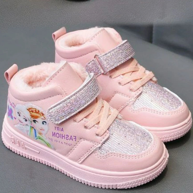 Disney Children Winter Ankle Snow Boots Cartoon Princess Elsa Frozen Pink Casual Shoes