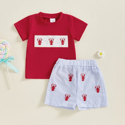 Toddler Baby Boy Summer Outfit Lobster Crawfish Embroidery Short Sleeve T-Shirt Top Striped Shorts Set Ocean Clothes