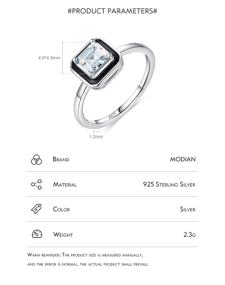 925 Sterling Silver Fashion Black Enamel Finger Ring Clear Square CZ Ring