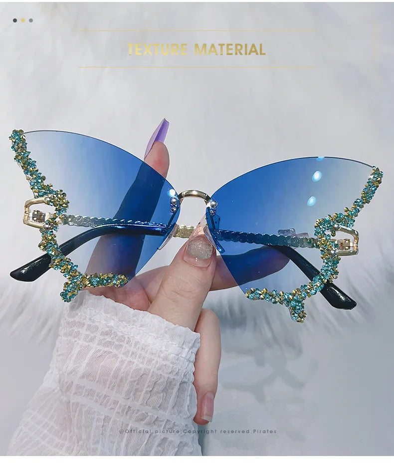 Luxury Party Sunglasses Women Butterfly Diamond Rhinestones Personality Flash Shades Tint Color Travel Blogger Glasses
