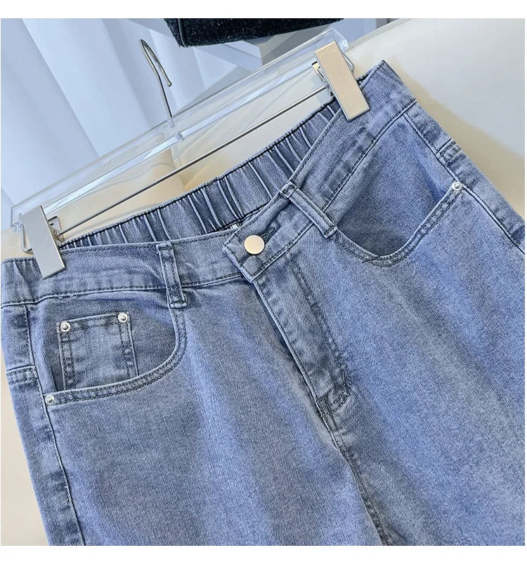 Plus Size Flared Y2K Jeans For Women Large Slim Elastic Cotton Blue Tassel Denim