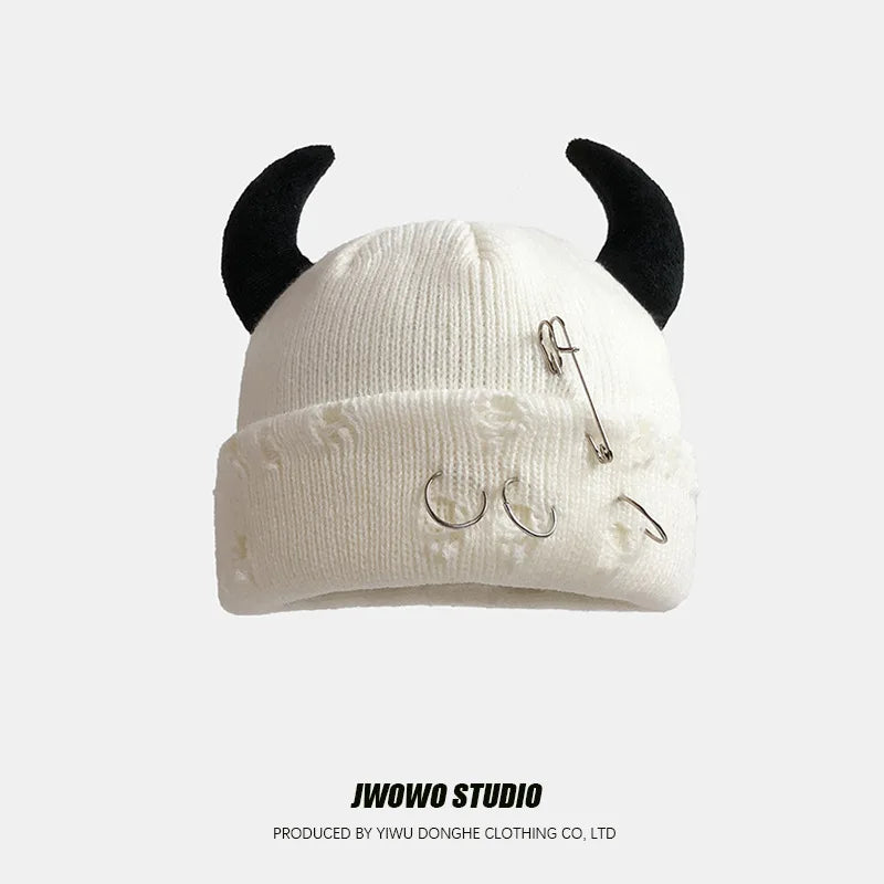 Unisex Knitted Beanie With Devil Horns Halloween Distressed Skull Cap Hip Hop Winter Warm Yarn Hat For Men Women