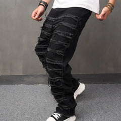 Ripped Jeans Pants Male Loose Straight  Solid Casual Denim Trousers