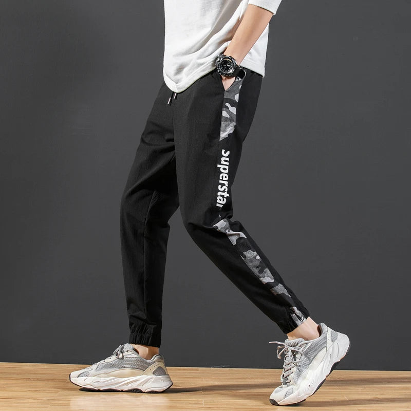 Men's Letter Print Drawstring Sweatpants Camouflage Texture Fabric Breathable Loose Fit