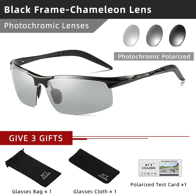 CLLOIO Aluminum Photochromic Sunglasses Men Polarized Day Night Driving Chameleon Glasses Anti-Glare Change Color Sun Glasses UV