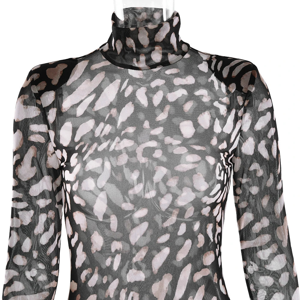 Fantoye Turtleneck Sexy Sheer Print Leopard Bandage Women Dress Long Sleeve Mini Dress Lady Spring Slim Elegant Party Club Dress