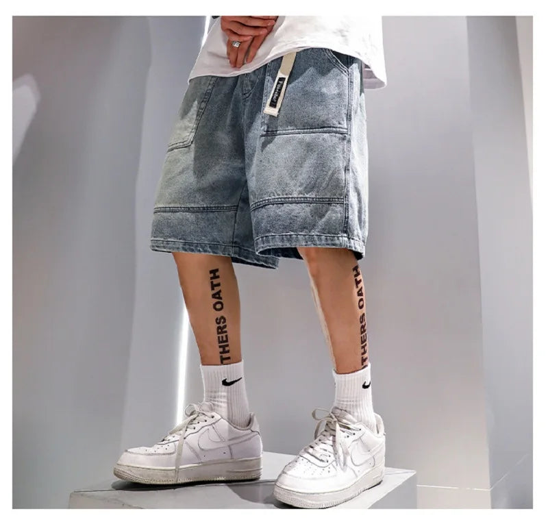 Fashion Casual Denim Shorts Men's Trend Ins Youth Pop Summer Wear Japanese Gothic Hip Hop Loose Casual Cargo Five Quarter Pants