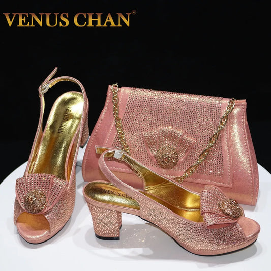 Venus Chan Latest Ladies Thin Heels Shoes and Bag Set Decorated with Rhinestones in Peach Color For Women Party Pump