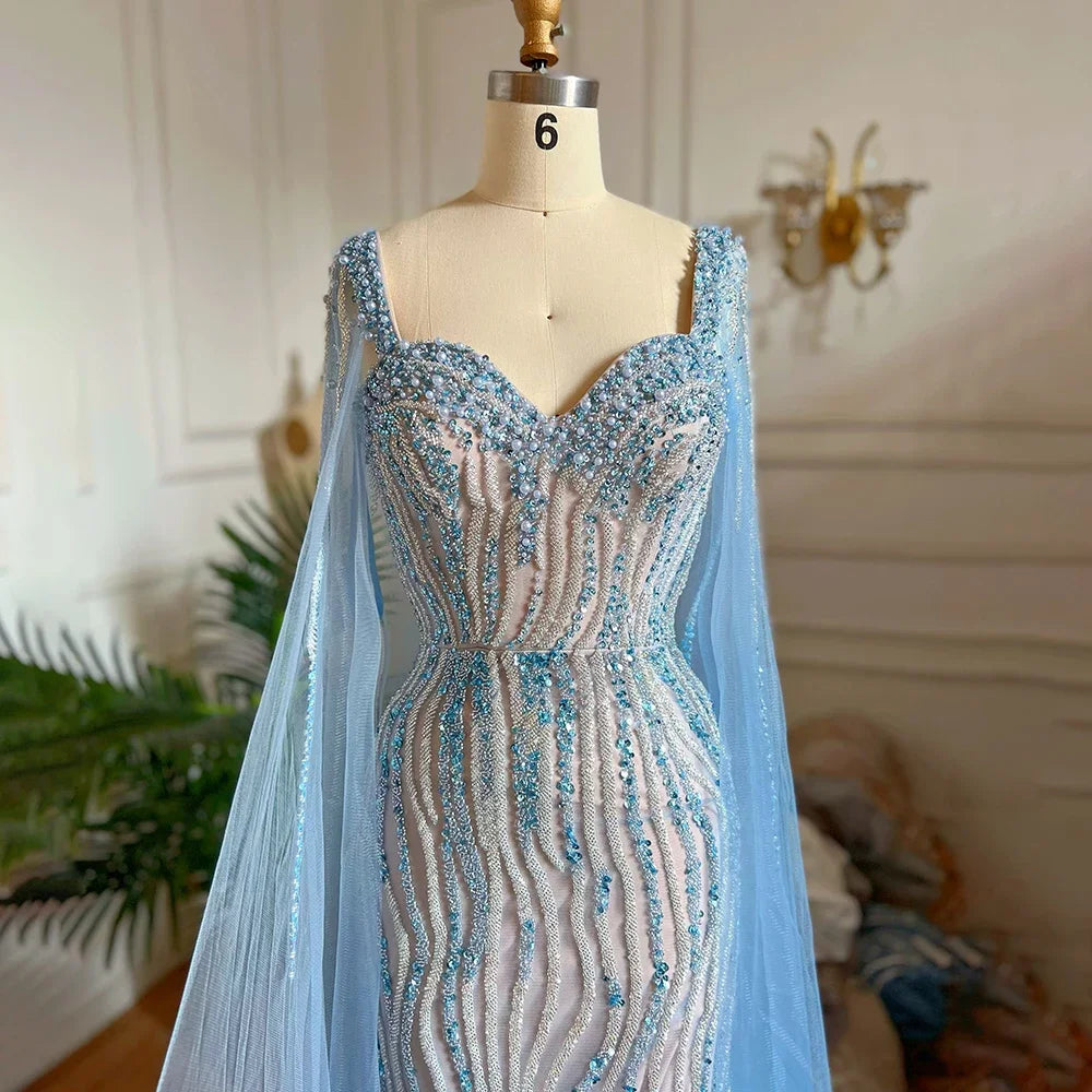 Serene Hill Blue Arabic Luxury Beaded  Mermaid Cape Sleeves Evening Dresses Gowns 2023 For Women Wedding Party LA71715