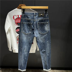 Men's Jeans Broken Tapered Torn with Print Trousers Graphic Retro Korean