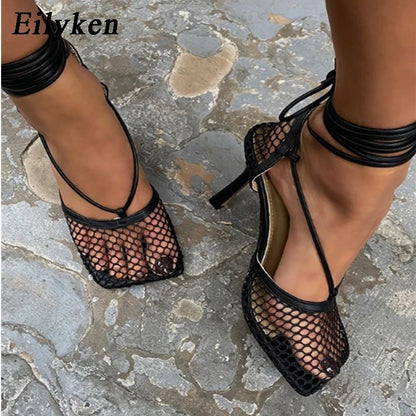 Eilyken Fashion Hollow Breathable Mesh Square Toe Stiletto High Heels Women Pumps Ankle Lace-Up Elegant Dress Ladies Shoes