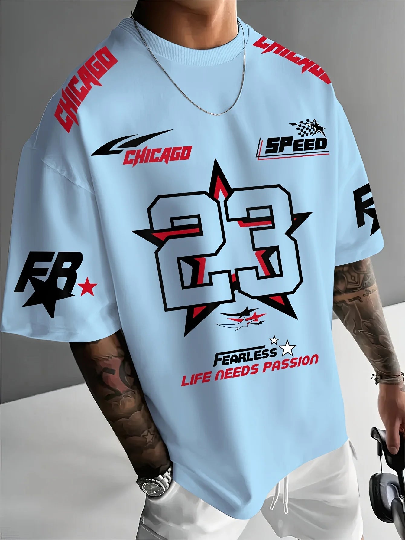 New Summer Men's Chicago Black Red and White Printed 23 Pattern Round Neck Breathable Casual T-shirt Loose Outdoor Top