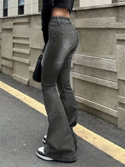 Women Flare Stretch Moustache Jeans Fashion Skinny Bell Bottom High Waist Gray Denim