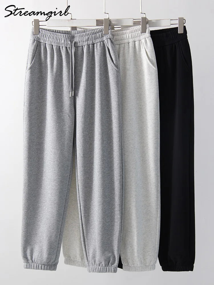 Sweatpants Women Winter Straight Leg Fleece Pants Elastic Waist Gray Velvet Trousers