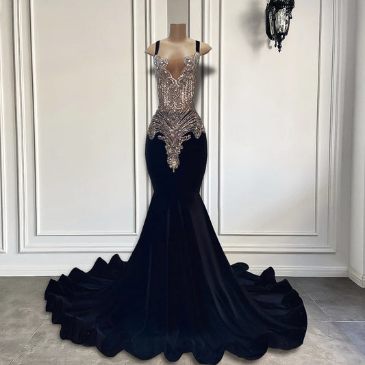 Silver Diamond Crystals Black Girl Velvet Prom Party Gowns