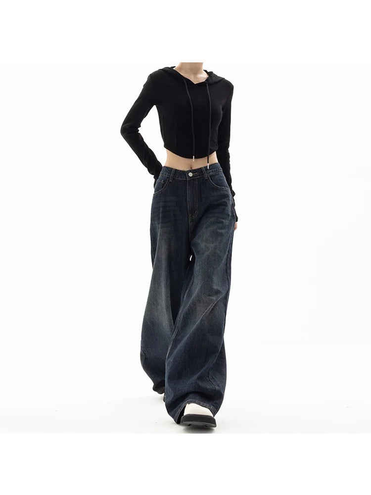 Streetwear Vintage High Waist Loose Straight Jeans Pants Korean Fashion Women's