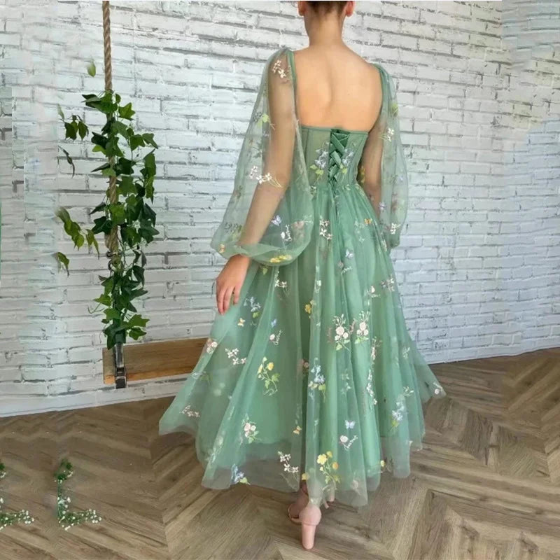 Evening wear Dresses: Green Lace Prom Party Dresses Puffy Sleeves Colorful Flowers