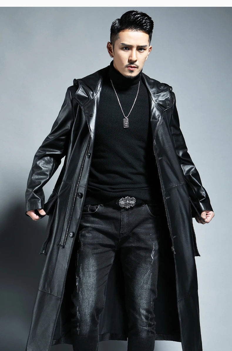 Long Black Loose Waterproof Windproof Soft Pu Leather Trench Coats