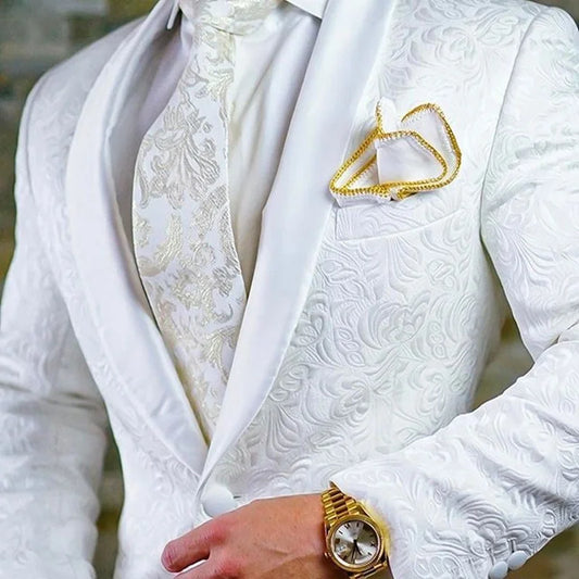 Wedding Blazer Men Suits Single Breasted Shawl Lapel White Jacquard Fabric Two Piece Jacket Pants