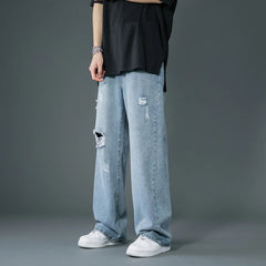 Thin Ripped Jeans Korean Street Fashion Loose Denim Trousers Baggy Blue Casual Pants