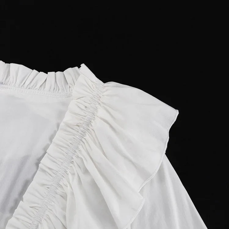 Talenza White Ruffle Bandage Mini Dress Women's Elegant Patchwork Long Sleeve Dress New Slim V Neck Lace Up Summer Mini Dress