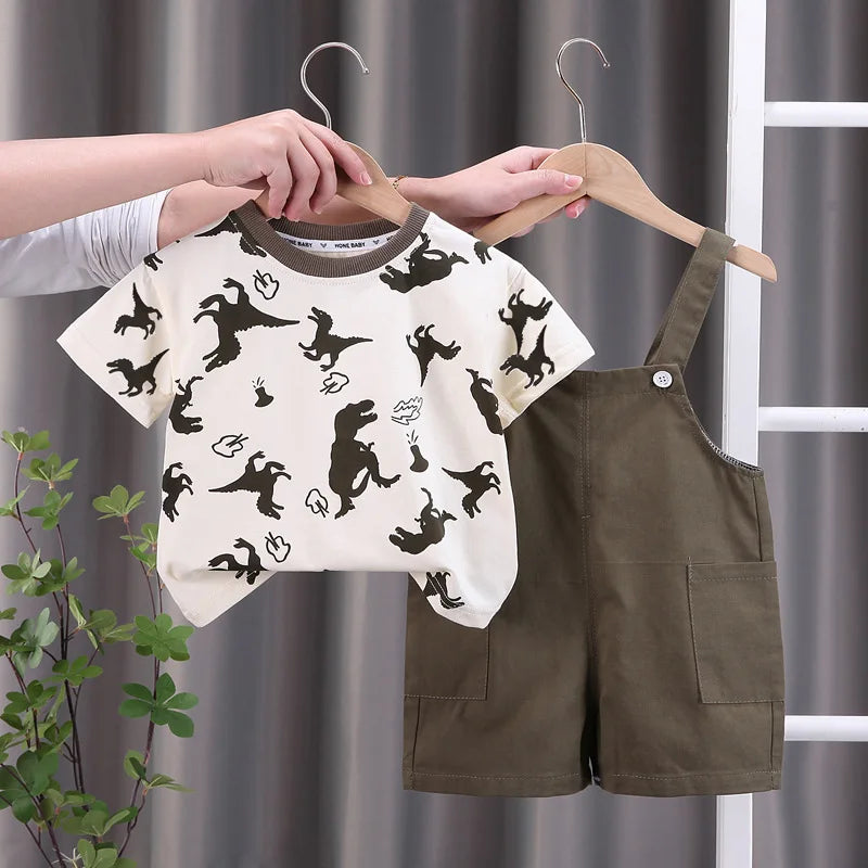 New Summer Baby Boys Clothing Toddler Fashion Infant Children Dinosaur Print Clothes Suits Solid T Shirt Overalls Pants 2Pcs/Set