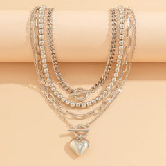 Ball Beaded Chain with Multi-layer Heart Pendant Necklace for Women Trendy