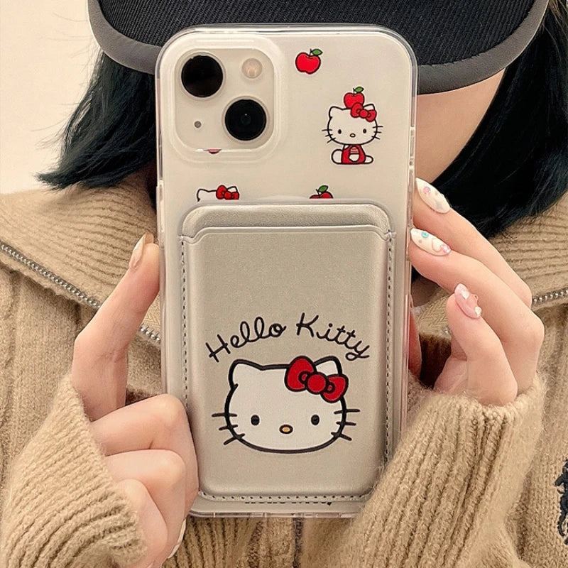 Cute Sanrio Hello Kitty Magnetic Card Wallet Holder Magsafe Wireless Charge Phone Case For iPhone 17 16 15 14 13 Pro Max Cover