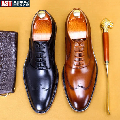 Men Oxford Brogue Genuine Leather Shoes Black Brown Classic Style Round Head Lace Up Formal Shoes Wedding Office Dress Shoes Men