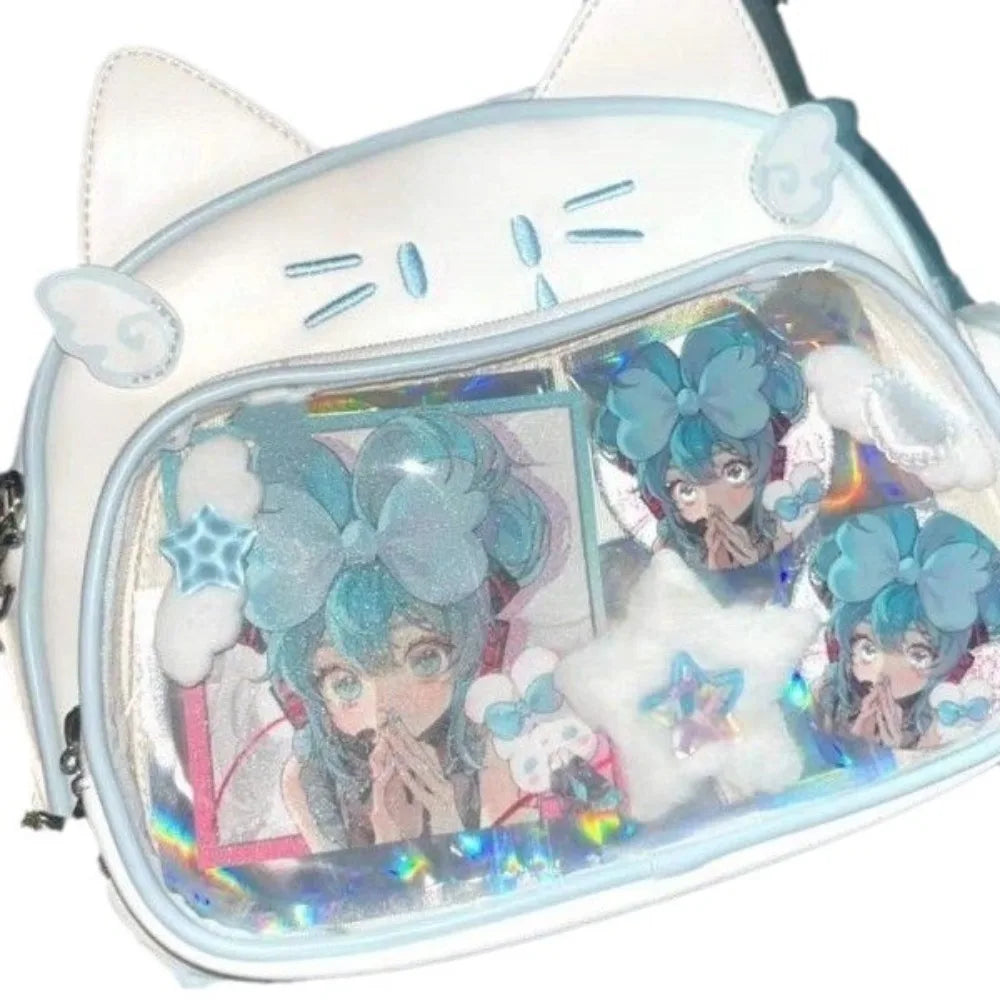 Y2K Korean Kawaii Cat Lolita Bag Cute PU Shoulder Bag Girls Transparent Pocket Harajuku Crossbody Bag Women's Fashion Backpacks