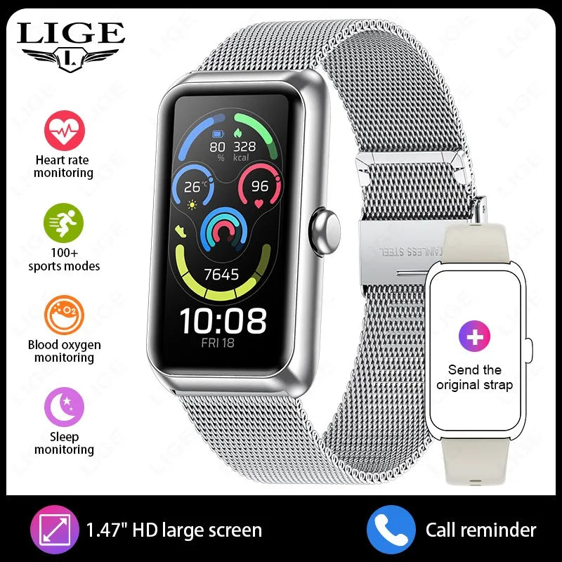 LIGE New Sport Fitness Tracker Smart Bracelet Heart Rate Blood Oxygen Monitor Call Reminder 1.47" Smartwatch Band For Men Women