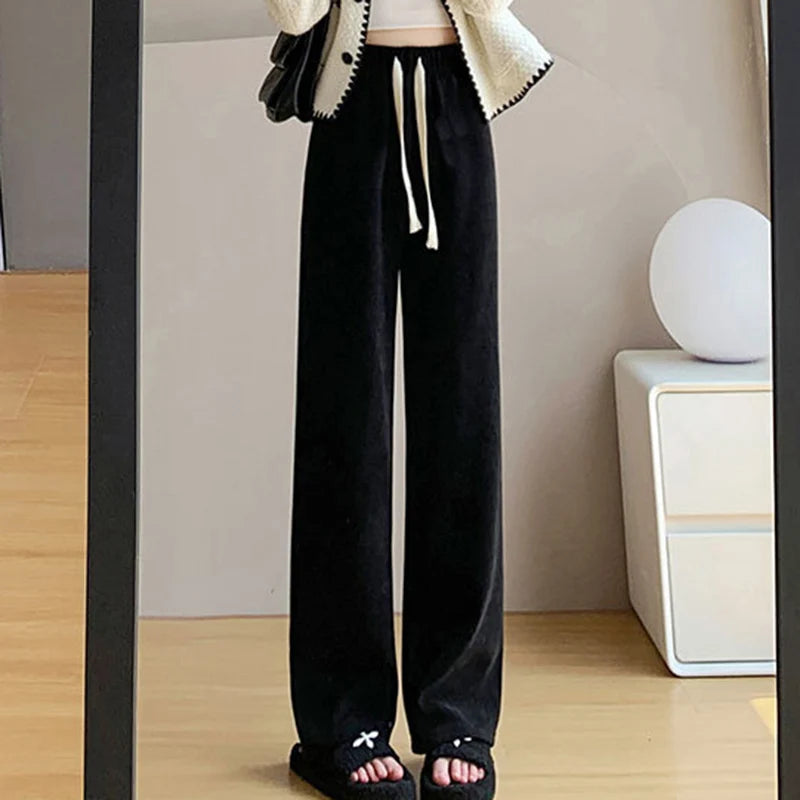 Casual Women Corduroy Long Pants Autumn Winter High Waist Wide Leg Pants
