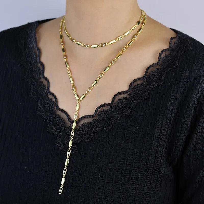 Gold Color Women Fashion Jewelry Set Geometric CZ Rectangle Charm Link Hand Chain Bracelet Choker Y Lariat Necklace