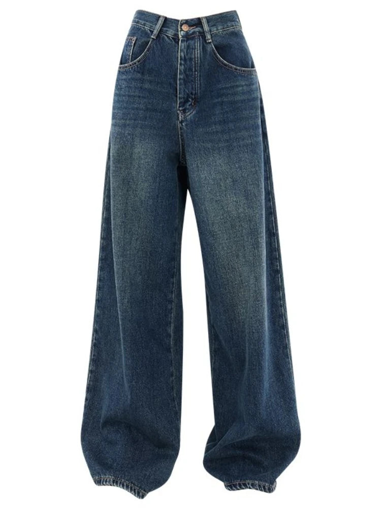 Y2K High Waist Retro Blue Dark Straight Jeans Female Original Korean