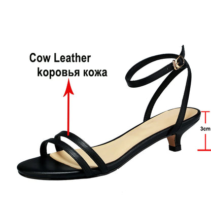 Meotina Women Genuine Leather Ankle Strap Sandals Round Toe Thin Mid Heels Buckle Narrow Band Ladies Fashion Casual Shoes Summer