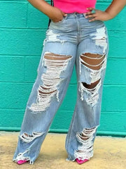 LW Plus Size Stylish Broken Holes Baby Blue Jeans Medium Stretchy Zipper Fly summer Jeans