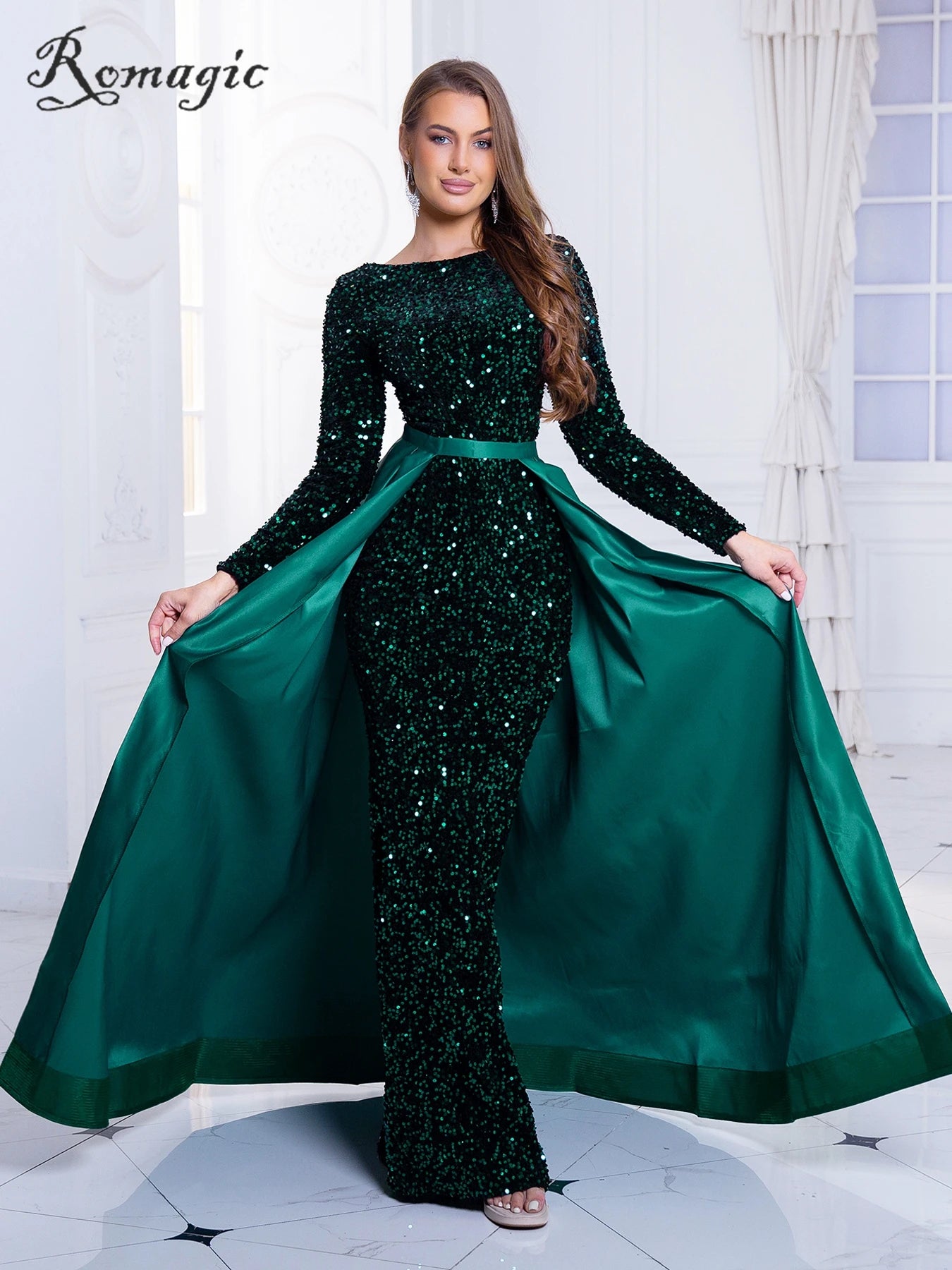 Homecoming Dresses: Modest Stretch Sequin Full Sleeve Evening Party Gown
