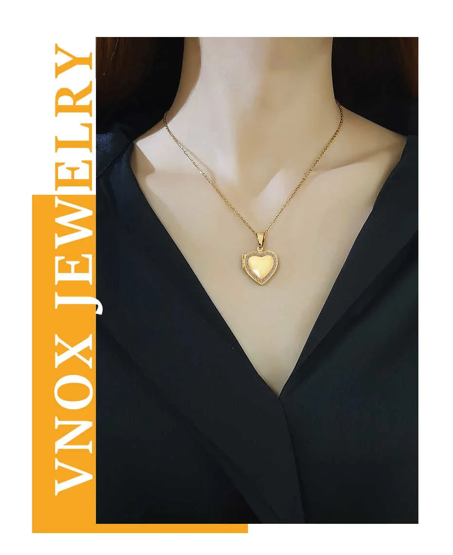 Vnox Light Heart Locket Pendants for Women Men Openable Photo Frame Glossy Stainless Steel Necklaces Family Love Collar