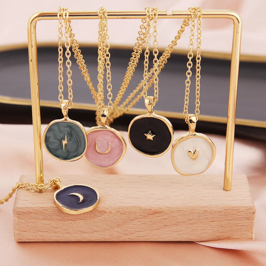 Colorful Moon Star Lightning Pendant Necklaces For Women Girls Enamel Fashion