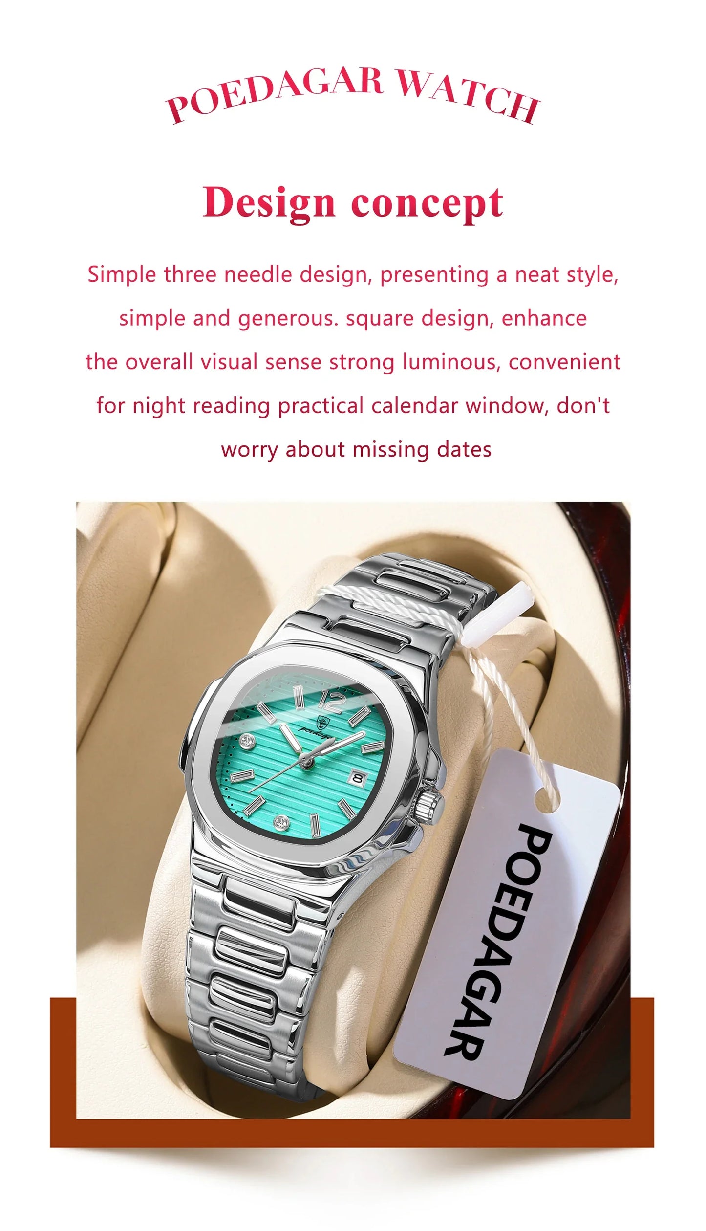 POEDAGAR Square Luxury Ladies Wristwatch Luminous Waterproof Stainless Steel Date Watch For Woman Fashion Quartz Women's Watches
